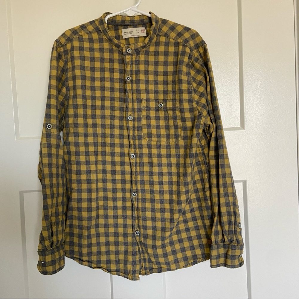 Zara Boys Yellow Gray Plaid 100% Cotton Button Up Shirt Size 9/10 EUC